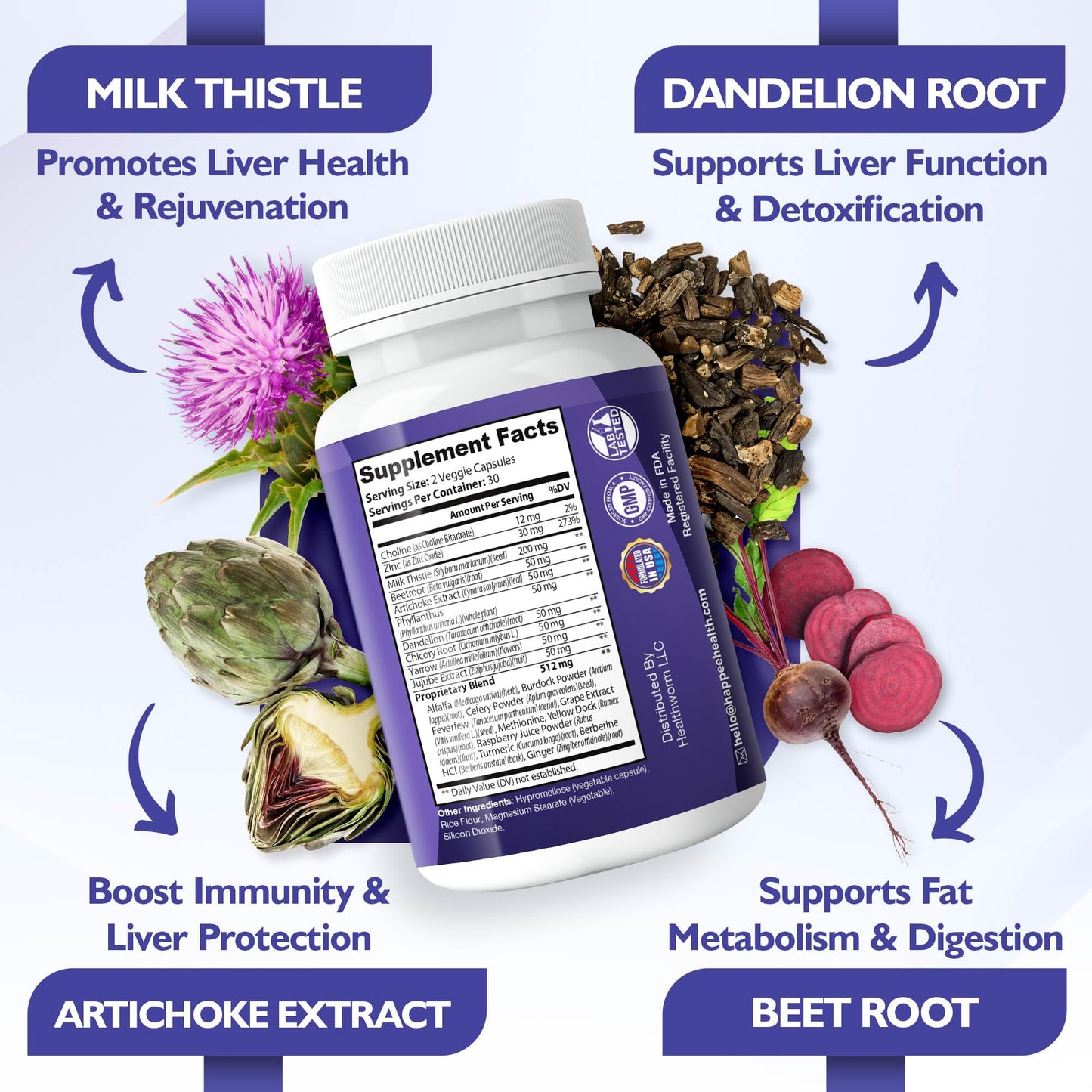 Happee Liver Cleanse Detox & Repair Supplement with Milk Thistle Extract - Flush Toxins & Renew Health - Vegan, Made in USA, 60 Capsules