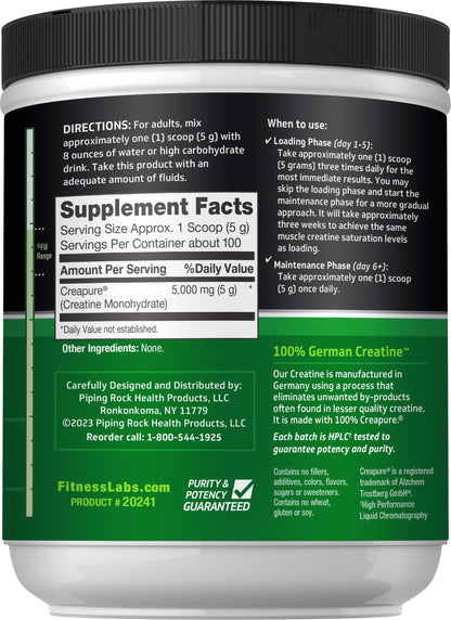 Fitness Labs German Creatine Monohydrate Powder | 500 Grams | Creapure Fitness Supplement | for Men & Women | Unflavored | 100 Servings