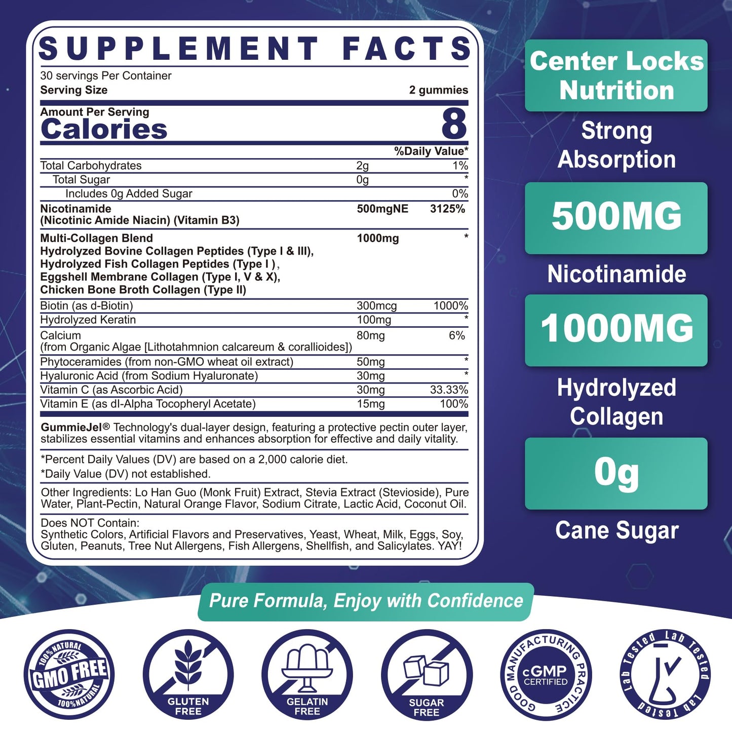 NEVISS Nicotinamide 500mg Gummies, Niacinamide Supplement with Collagen Peptides, (Flush Free Niacin) Vitamin B3 Niacinamide for Anti-Aging, NAD+ Levels,