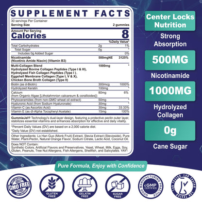 NEVISS Nicotinamide 500mg Gummies, Niacinamide Supplement with Collagen Peptides, (Flush Free Niacin) Vitamin B3 Niacinamide for Anti-Aging, NAD+ Levels,