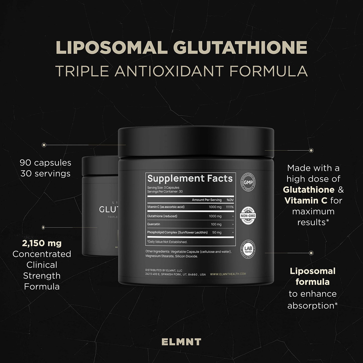 2150mg Super Liposomal Glutathione Supplement w. Vitamin C, Quercetin & Pure L Glutathione 2000mg Triple Action Formula Glutathione Liposomal Supplement