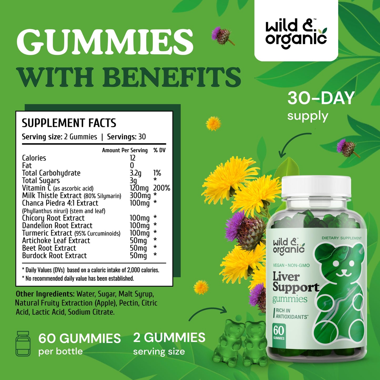 Wild & Organic Liver Support Gummies - Milk Thistle, Dandelion Root Extract for Liver Cleanse Detox - 60 Silymarin Milk Thistle Gummies