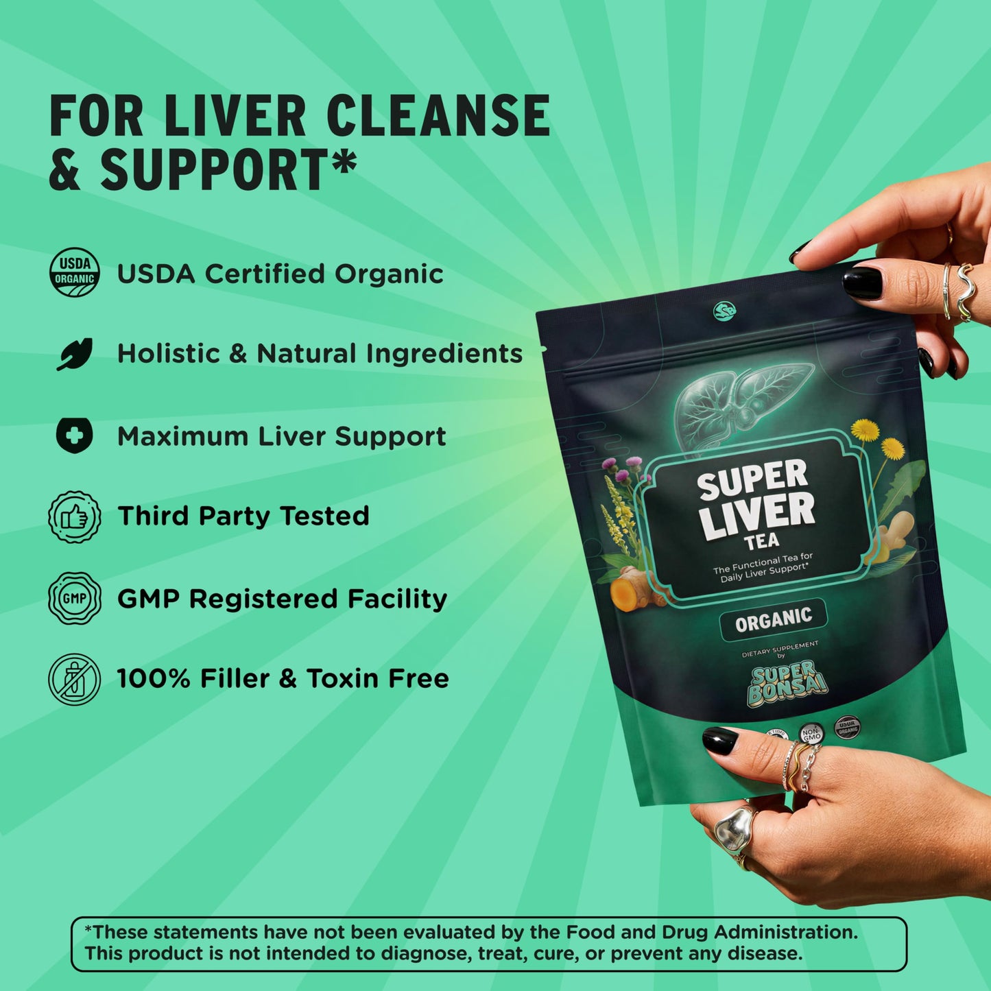 SuperBonsai Organic Liver Detox Tea – Dandelion Root & Milk Thistle Herbal Tea for Liver Support, Digestive Detox & Cleanse – Turmeric, Ginger & Nettle Botanical Blend