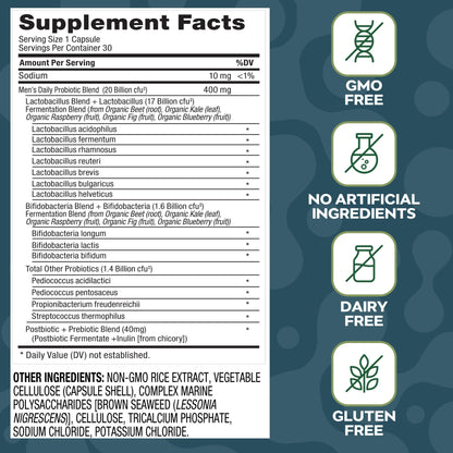 Social Naturals Men’s Probiotic | 20 Billion CFU | Prebiotic + Postbiotic Blend | Gut, Colon & Immune Support | Vegan | Shelf-Stable | 30 Capsules