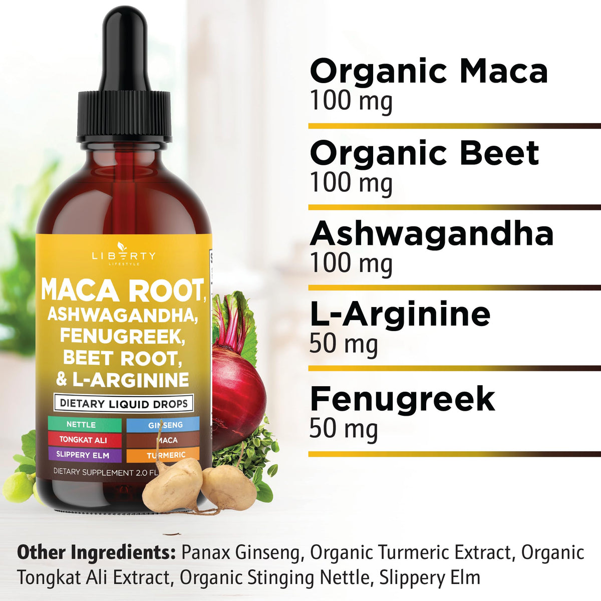 Liberty Lifestyle Organic Maca Root Liquid Drops with Ashwagandha, Nettle, Fenugreek, Beet Root and L-Arginine Liquid Multivitamin for Women and Men - 2oz
