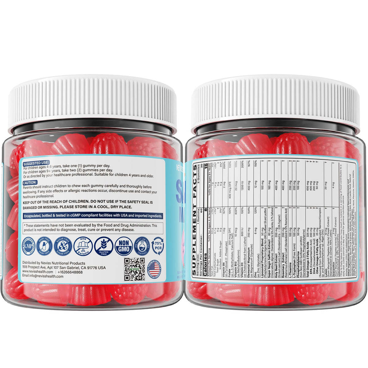 Saffron +Magnesium Glycinate +Omega-3 - Calm Focus Gummies for Kids 4+, Saffron Extract Supplement with L-Theanine, Holy Basil, Rosemary, B6, D3 for Happy Mood, Cognition, Nerve, Sugar Free, 2 Pack