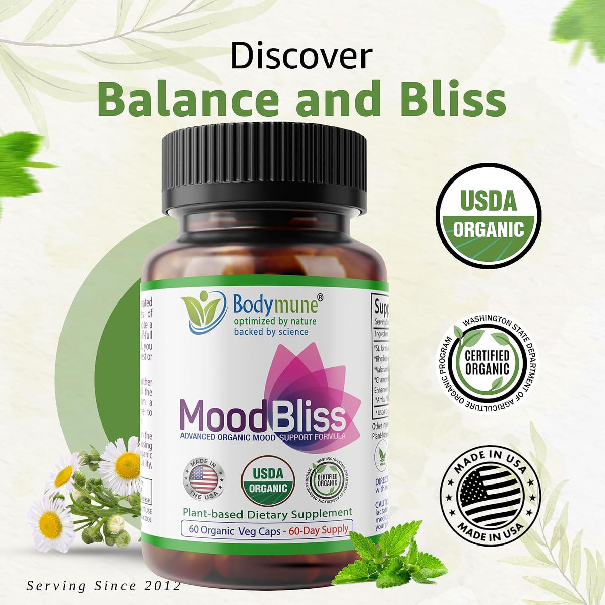 Bodymune Organic MoodBliss | Supports a Calm, Relaxed & Positive Mood* | with Ashwagandha, St. John's Wort & Lemon Balm | USDA Organic, USA-Made, Non-GMO, Gluten-Free - 60 cts.
