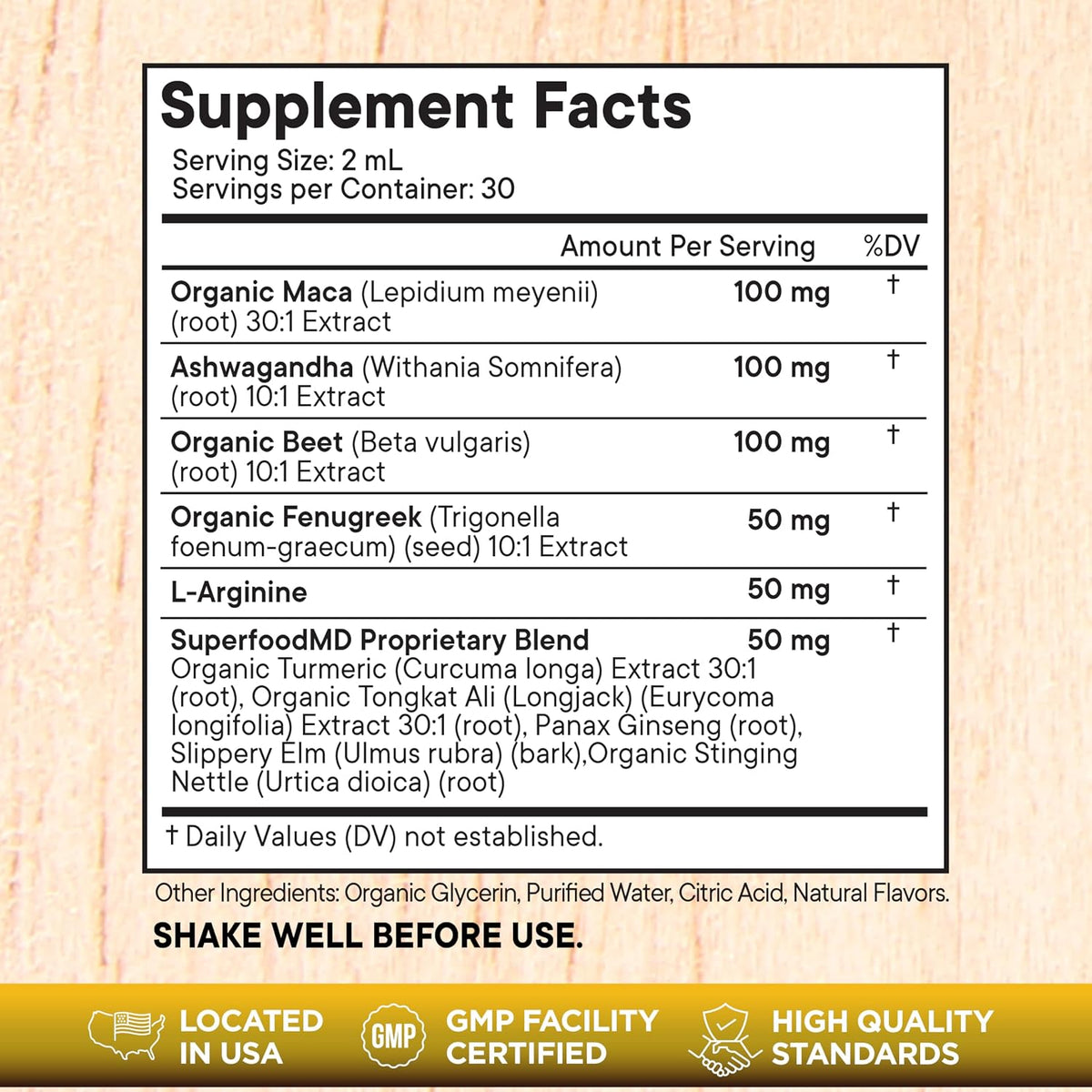 Superfood MD Maca Root Liquid Drops with Ashwagandha, Nettle, Fenugreek, Beet Root and L-Arginine Liquid Multivitamin for Women and Men - 8 Oz
