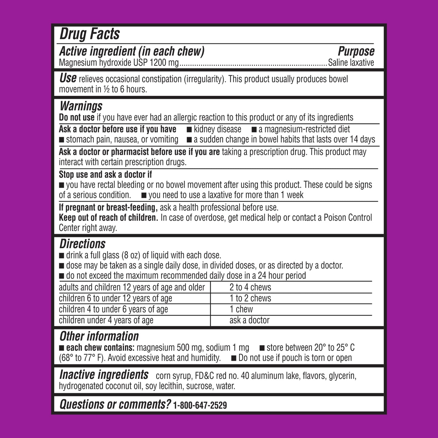 MiraFAST Soft Chews, from the Makers of MiraLAX, Gentle Constipation Relief, Fast Acting, Stimulant Free Saline Laxative, Magnesium Hydroxide, Blueberry & Raspberry Flavor, 60ct