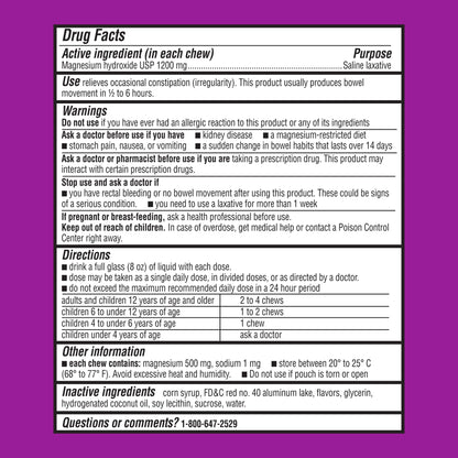 MiraFAST Soft Chews, from the Makers of MiraLAX, Gentle Constipation Relief, Fast Acting, Stimulant Free Saline Laxative, Magnesium Hydroxide, Blueberry & Raspberry Flavor, 60ct