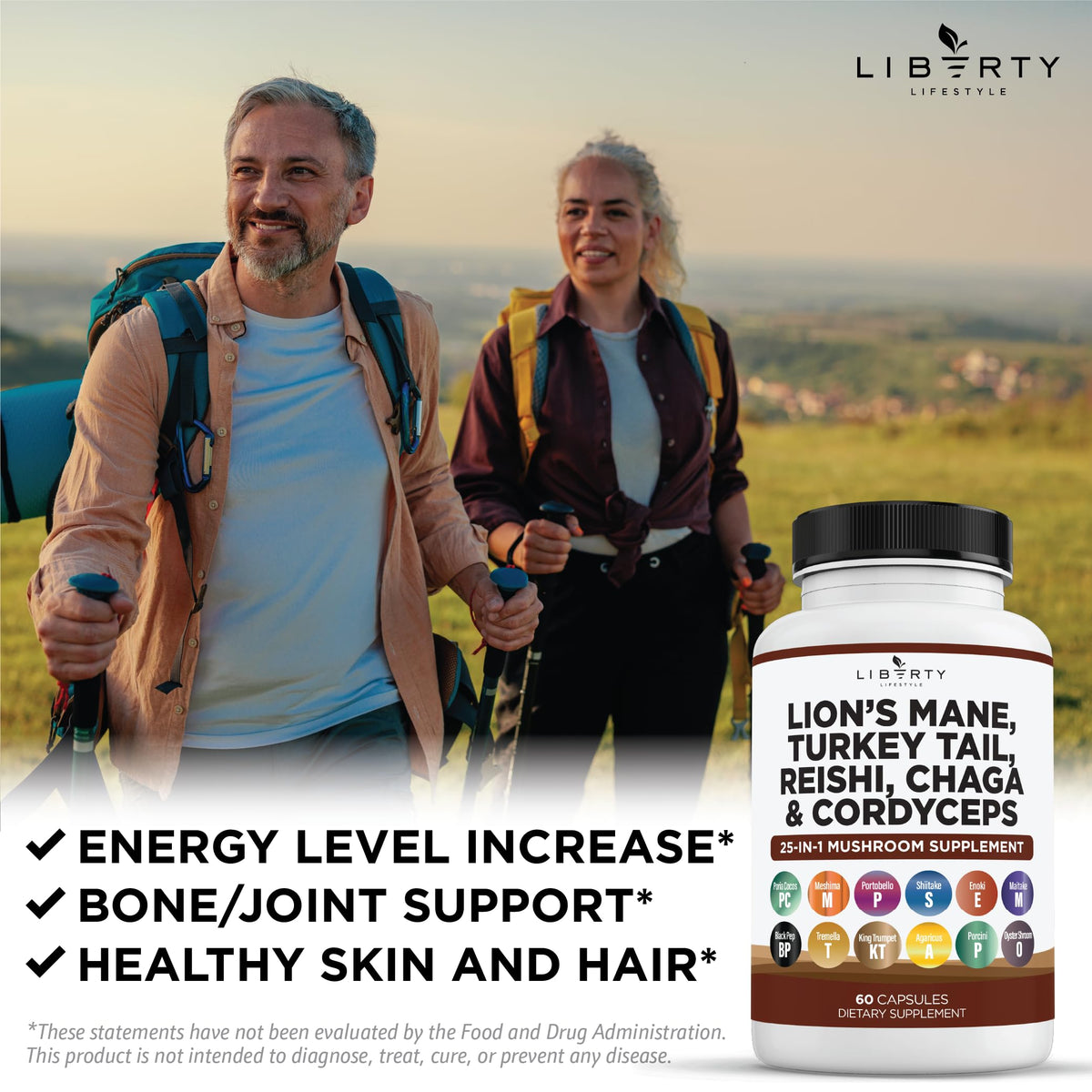 Liberty Lifestyle Lions Mane Mushroom Supplement with Turkey Tail Reishi Cordyceps Chaga with Marshmallow Root - 2-Pack