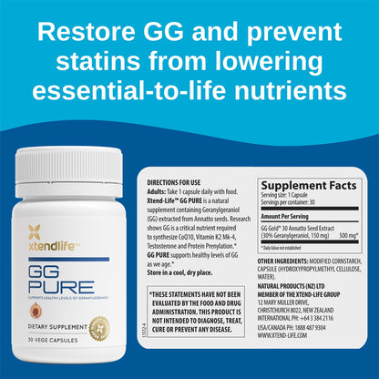 Xtendlife GG Pure Geranylgeraniol for CoQ10, Bone, Muscle & Heart Support - 150mg GG Gold from Annatto Seeds - Ideal for Statin Users - 2 Month Supply (Pack of 2)