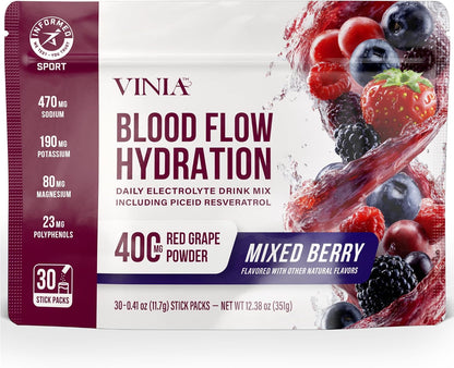 VINIA Resveratrol Electrolyte Hydration Powder Mix | Boost Blood Flow & Circulation | Sea Salt, Coconut Water Potassium, Magnesium, Informed