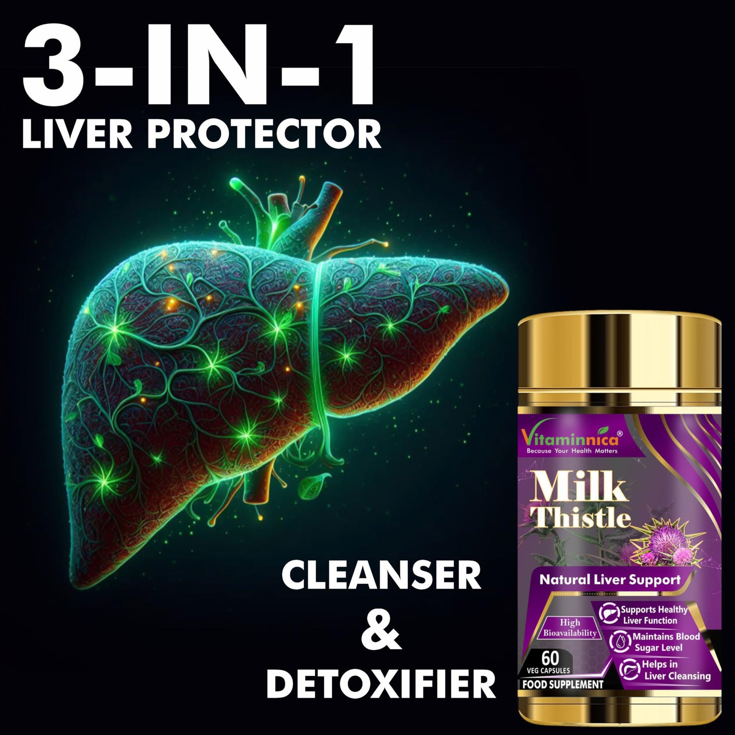Vitaminnica Milk Thistle 7000mg (350mg 20:1 Extract) | 80% Silymarin with Dandelion Root and Black Pepper Extract| 60 Veg Capsules