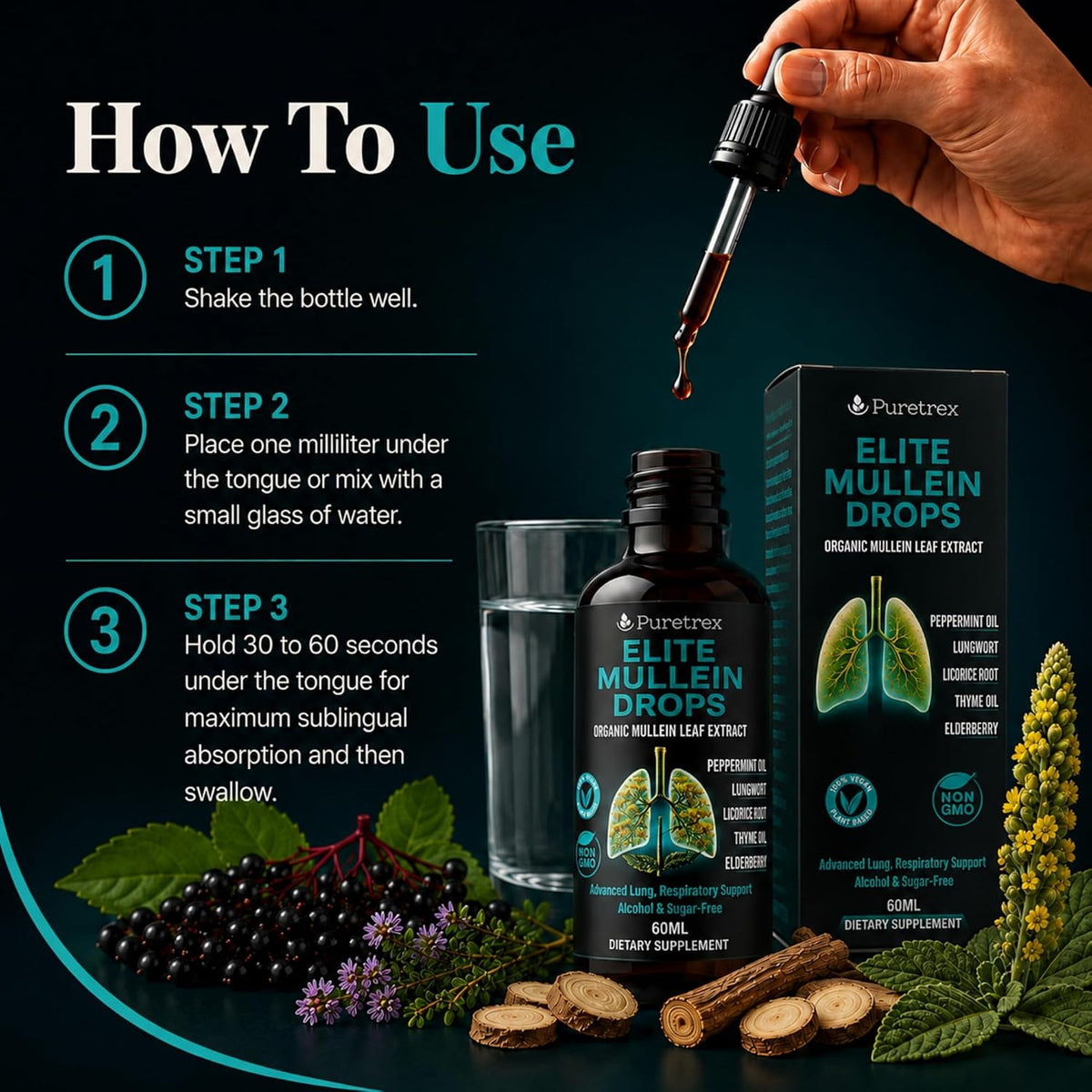 Elite Mullein Drops for Lungs, Respiratory Support, Organic Leaf Extract Liquid, Lungwort, Licorice Root, Thyme, Elderberry, Peppermint Oil, Vegan, Alcohol & Sugar-Free, 60mL