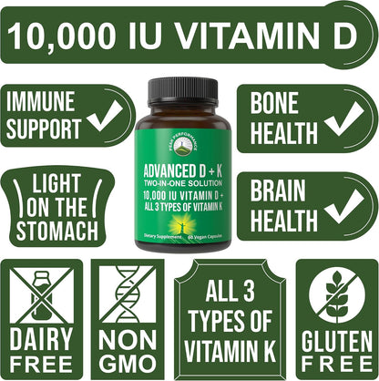 Peak Performance Advanced Vitamin D 10000 IU with All 3 Types of Vitamin K - 10,000 Vitamin D3 and Vitamin K2, K1, MK-7 (MK7), MK4 Supplement - 60 Small and Easy to Swallow Capsules