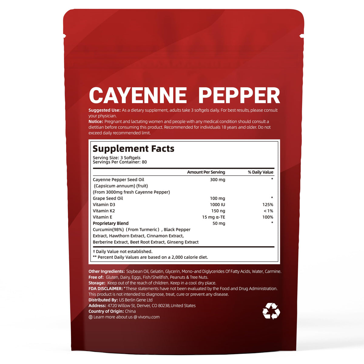 Cayenne Pepper Softgels Supplement, Supports Leg Vein, Heart and Blood Vessel Health, with Vitamin E D3+K2 and Extracts of Grape Seed, Hawthorn, Beetroot, Berberine and Others (Softgels / 1 Bag)