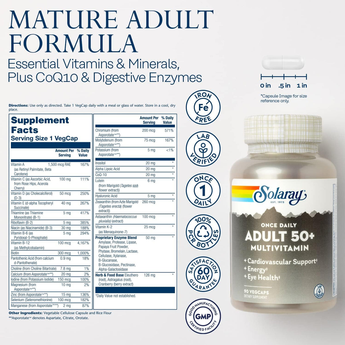Solaray Once Daily Adult 50+ Complete Multivitamin for Women & Men, Essential Vitamins & Chelated Minerals for Healthy Energy, Heart, Brain & Immune Support, With CoQ10 & Lutein, Iron Free, 90 VegCaps