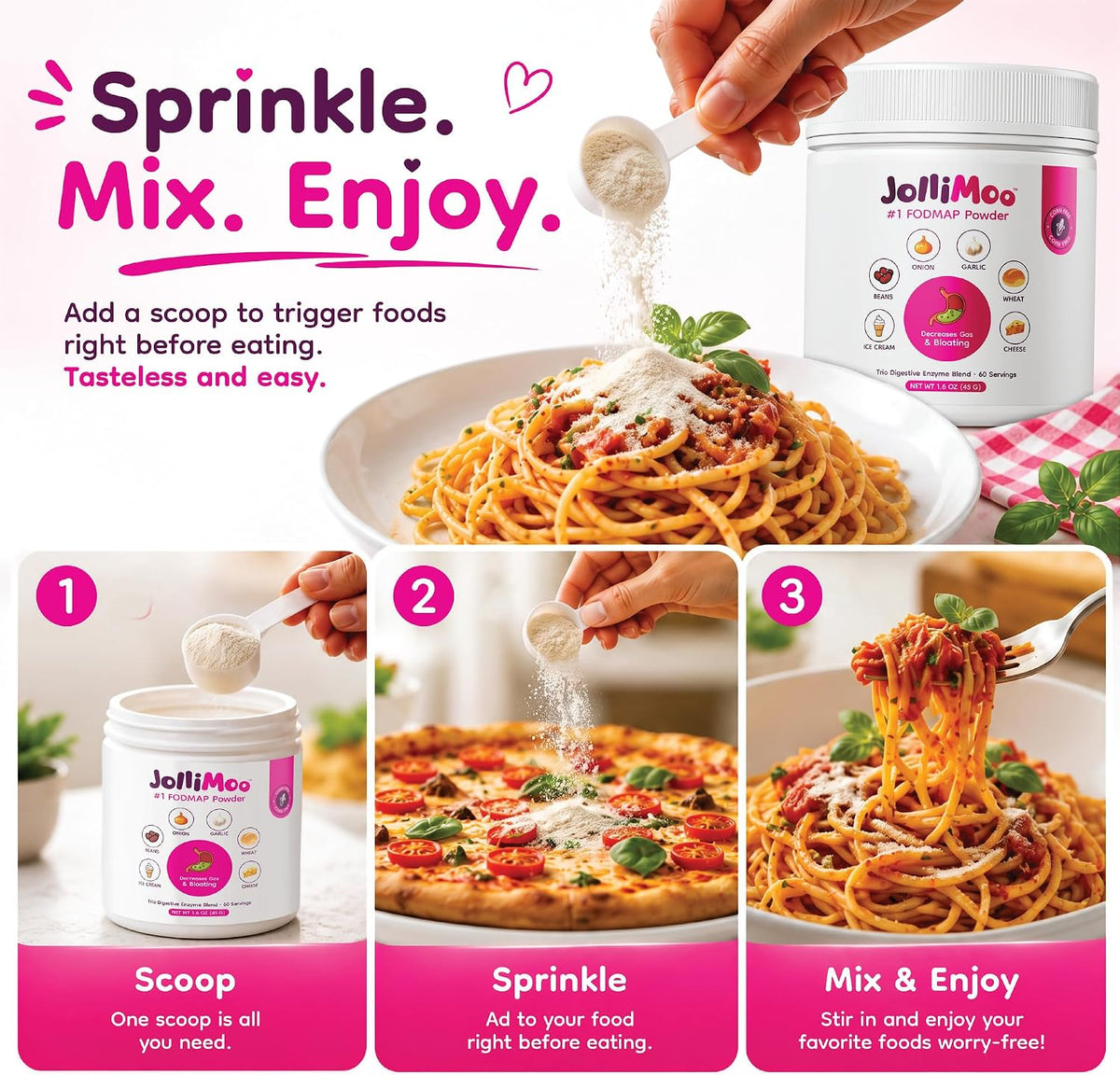 Trio Digestive Enzyme Powder for Gas & Bloating, Low FODMAP | Low FODMAP triple-enzyme powder eases gas & bloating from dairy, wheat, onion, garlic & beans. Corn-free. 60 servings.
