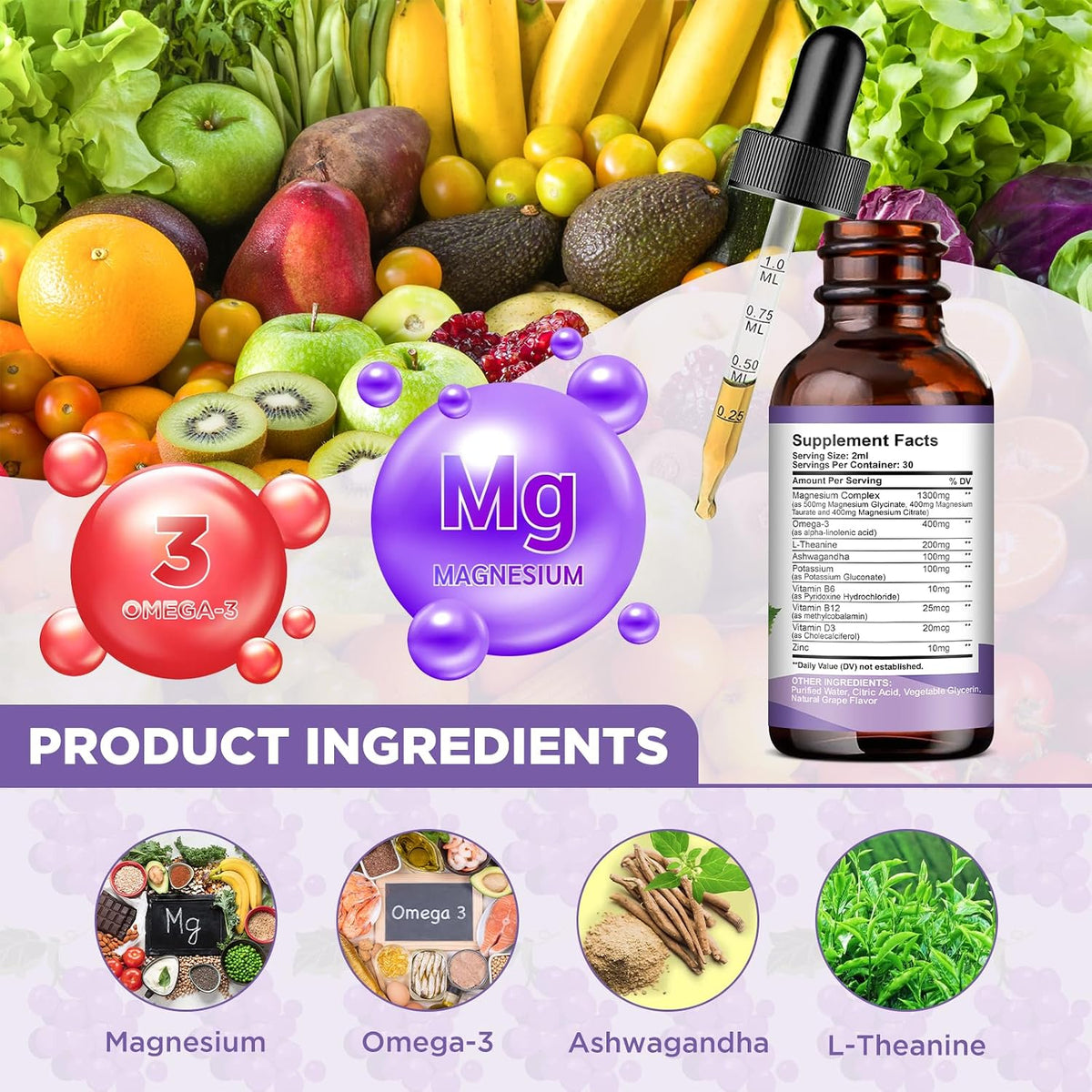 2 Pack Magnesium Complex Liquid Drops Pineapple & Grape Flavor