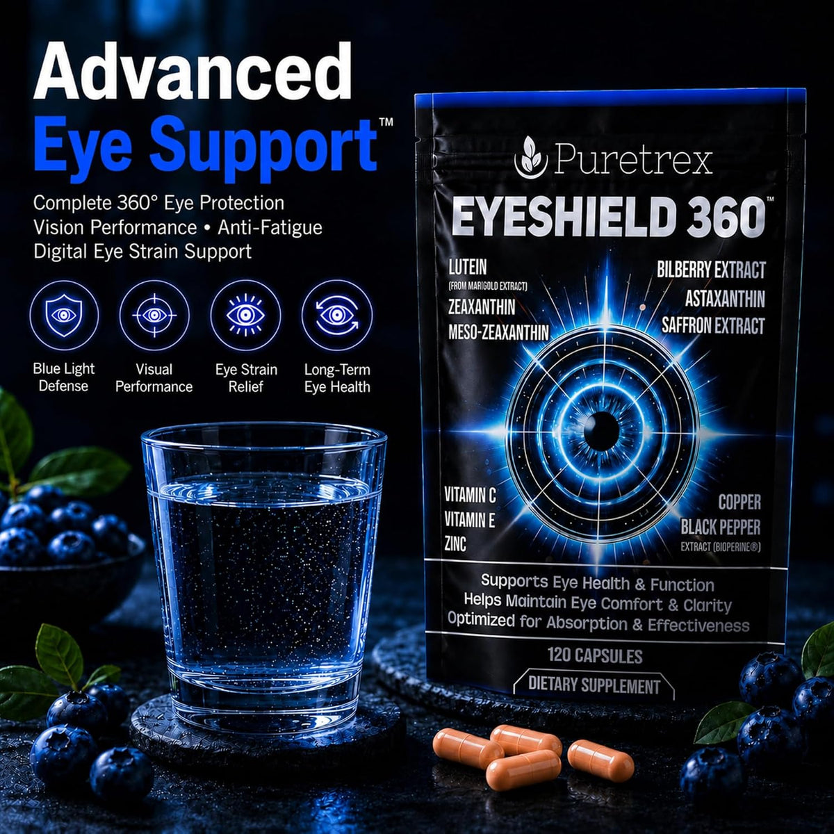 EyeShield 360 Eye Supplements for Adults Over 50, 120 Vegan Capsules with Lutein Zeaxanthin Astaxanthin Bilberry Saffron, Vision Supplement, Eye Support Formula with BioPerine, Made in UK