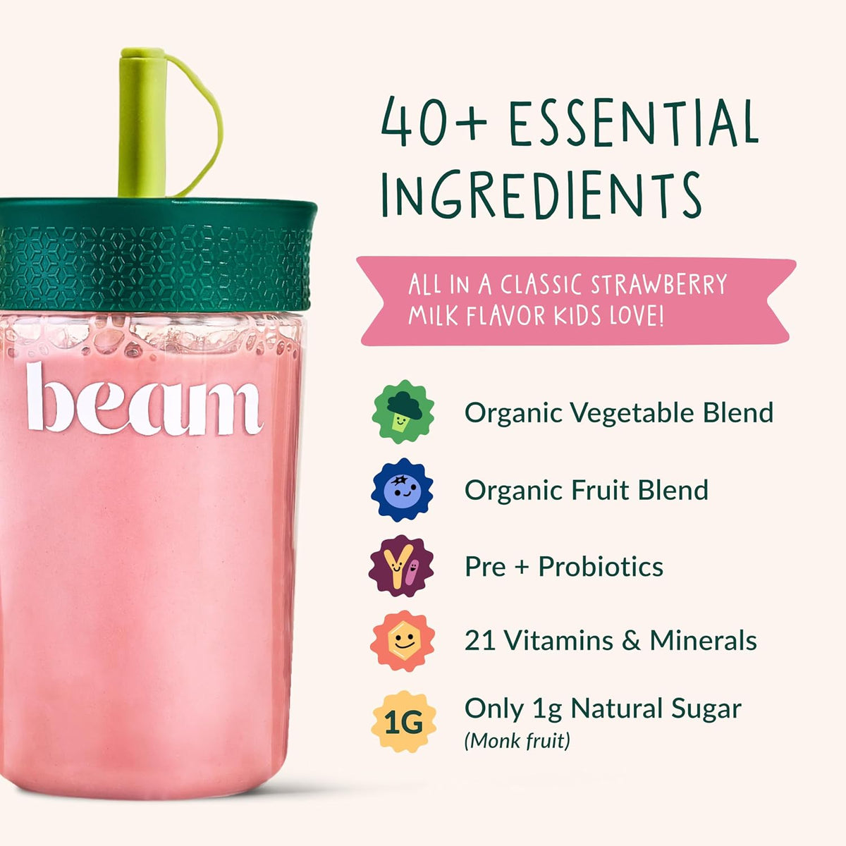 BEAM Kids Bundle, Chocolate Chip Cookie and Strawberry Milk Flavor, Multivitamin Powder – Kids Vitamins with Greens, Probiotic & Prebiotic, Immune Support for Children & Toddlers