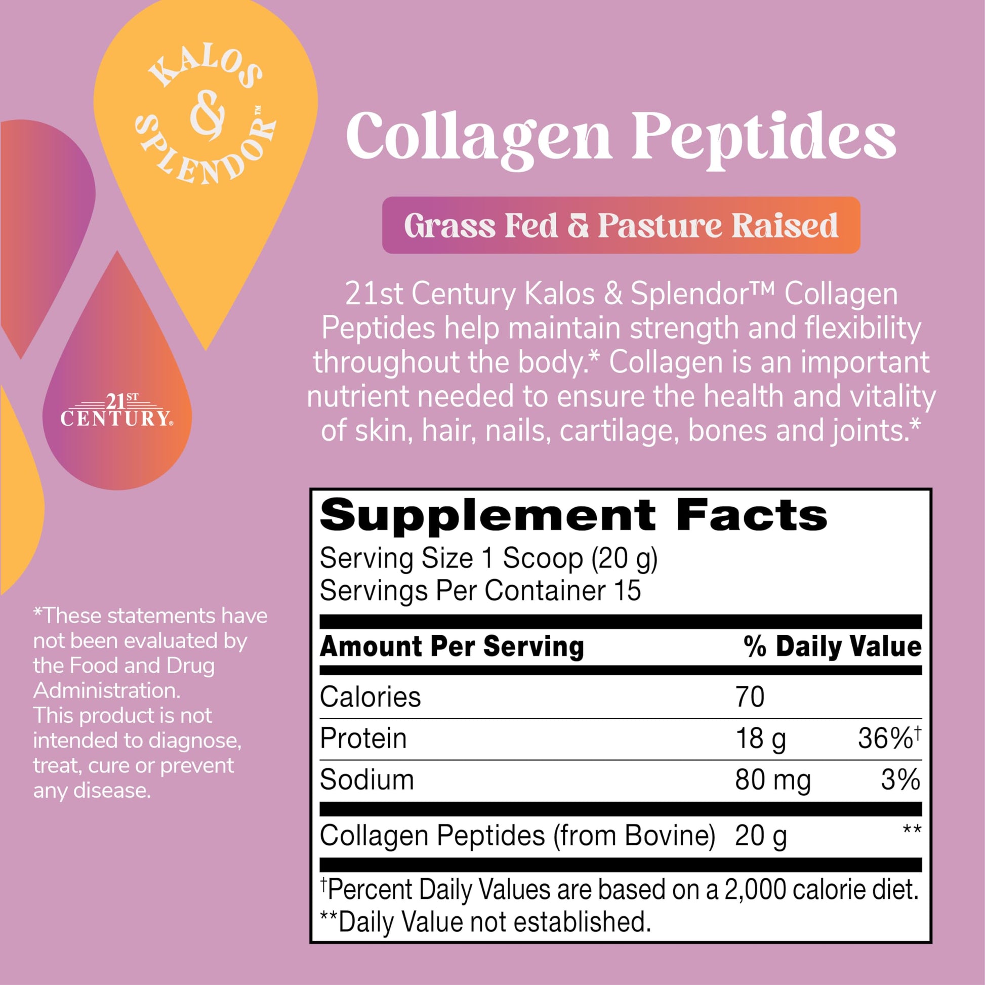 21st Century Kalos & Splendor Collagen Peptides Powder, Grass Fed & Pasture Raised Type I & III Bovine Collagen, 20g Collagen Peptides + 18g Protein Per Scoop, Unflavored, 10.6 OZ 21st Century buy supplements Au