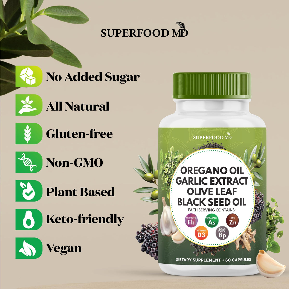 Superfood MD Oregano Oil Garlic Extract Olive Leaf Black Seed Oil Astragalus- for Women and Men- 60 Count
