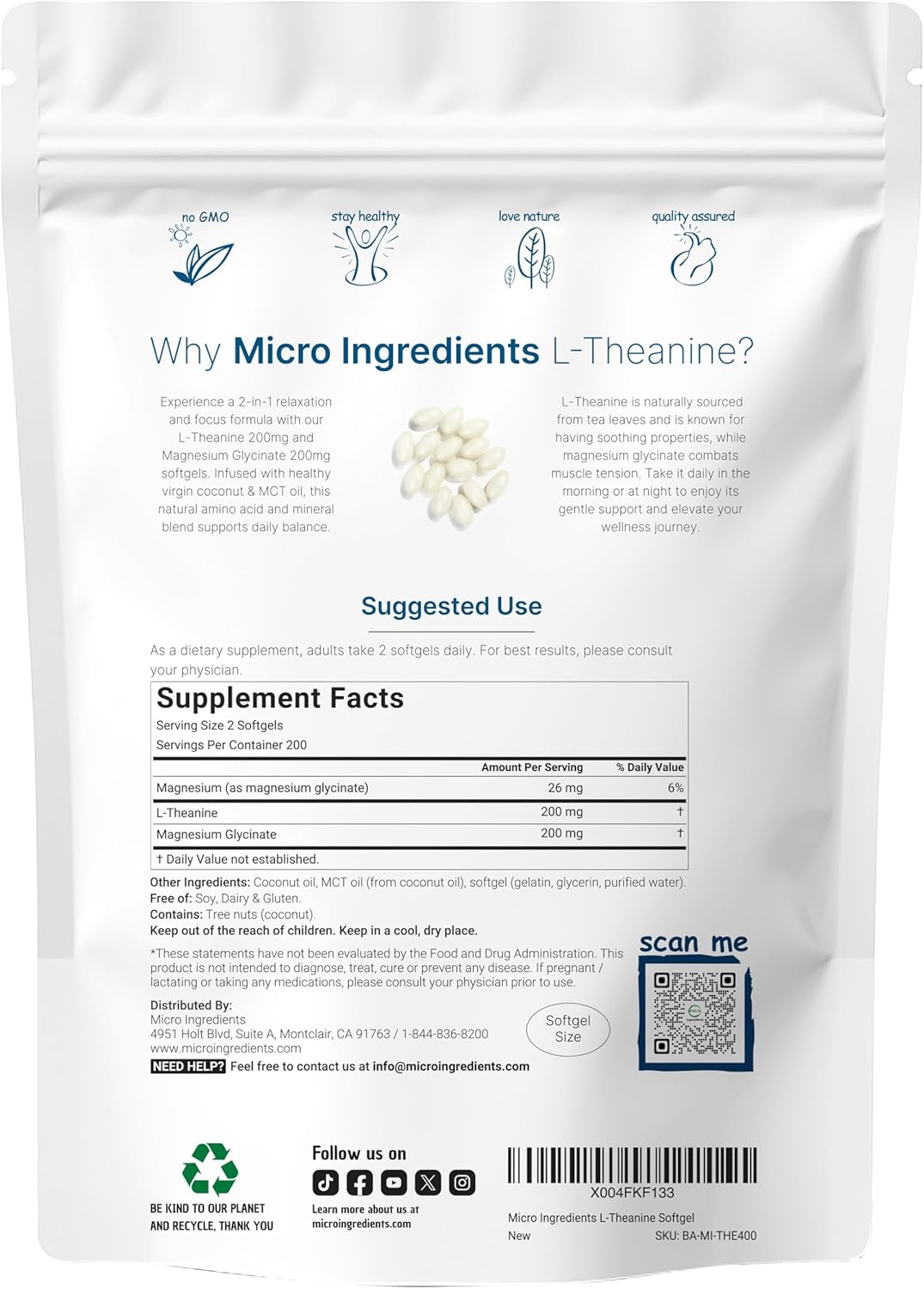 Micro Ingredients 8-in-1 Multi Collagen Capsules & L-Theanine 200mg with Magnesium Glycinate Softgels | Grass-Fed Collagen Peptides | Amino Acid & Mineral Complex Bundle 2 Pack