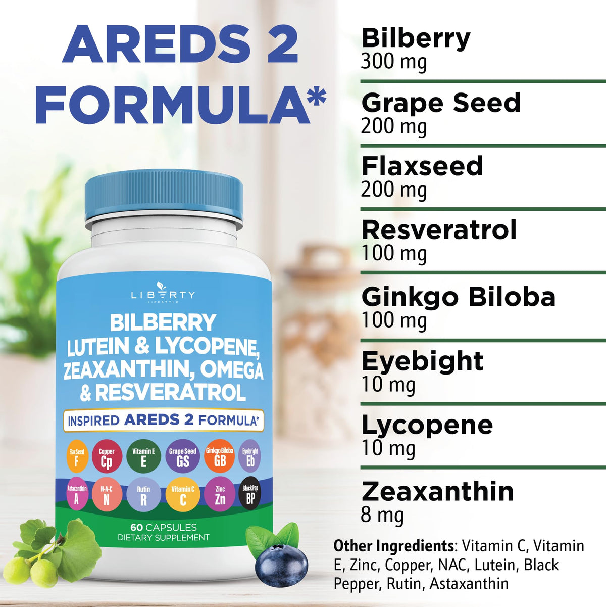 Liberty Lifestyle Eye Health Vitamins with Bilberry, Lutein & Zeaxanthin, Lycopene, Resveratrol, Grape Seed Extract Flaxseed Astaxanthin- AREDS 2-180 Capsules