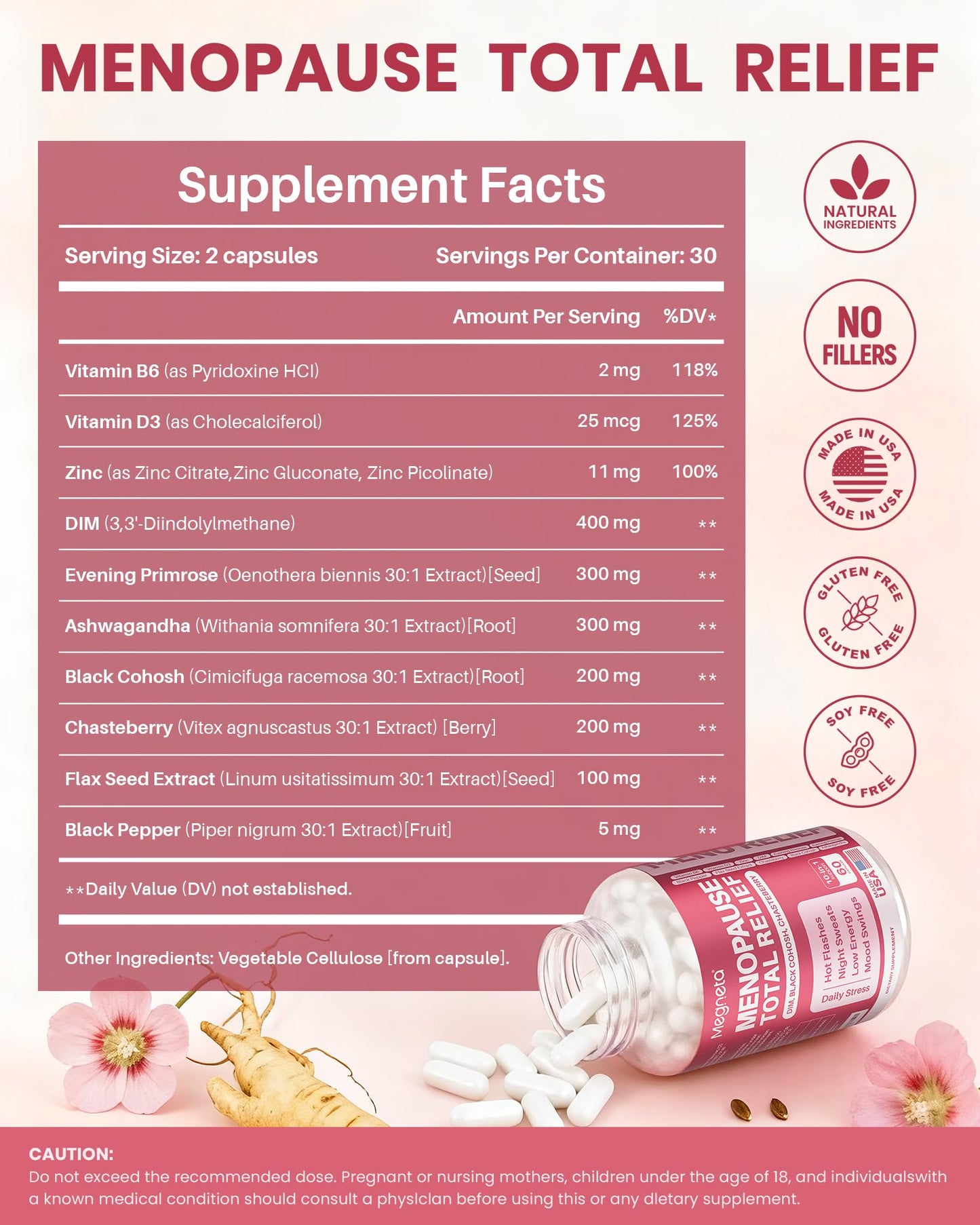 MEGNETA Menopause Supplements for Women - 10-in-1 Hormone Balance Complex with Black Cohosh, DIM, Chasteberry & Ashwagandha - Support for Hot Flashes, Night Sweats