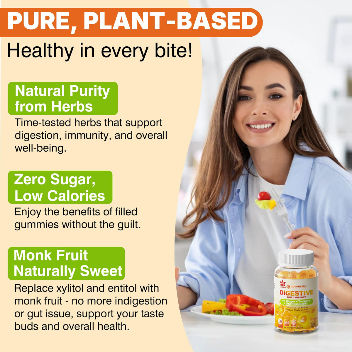 LILICARE Ginger Chews Gummies for Nausea & Digestive Support, Stomach Relief - Sugar Free with Turmeric & Odorless Garlic, Quercetin, Vitamin D3, C, Delicious Digestive Supplements, 60Cts (Pack of 1)