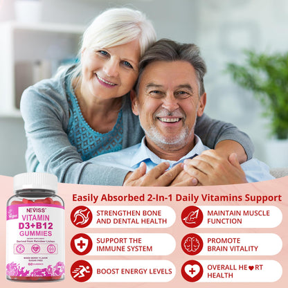 NEVISS 2Pack Vegan Vitamin D3 + Vitamin B12 Gummies, High Potency D3 5000IU & 1000 mcg Methylated B12, Vitamin D3 and B12 for Adults, Support Bone Health, Immune & Energy Supplement, 120 Count
