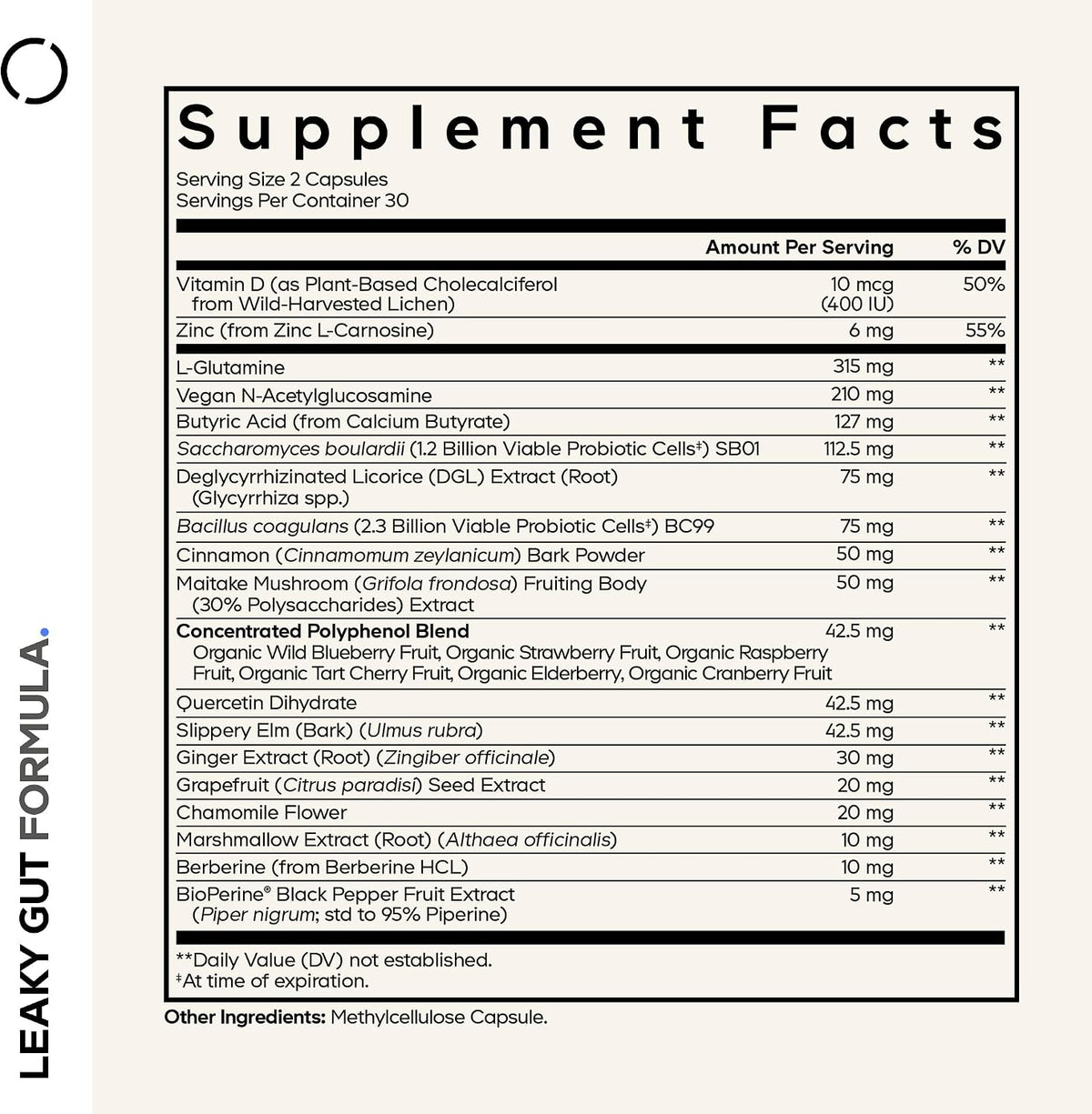 Codeage Leaky Gut Supplement, L-Glutamine, N-Acetylglucosamine, Probiotic, Butyric Acid, Polyphenols, Quercetin, DGL, Marshmallow Root, Berberine, BioPerine, Cinnamon, Vegan, Non-GMO, 60 Capsules