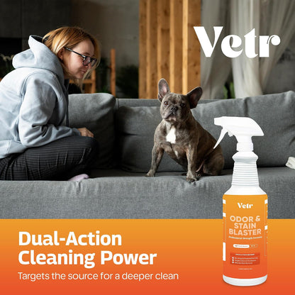 vetr Pet Odor & Stain Blaster - Enzyme Pet Stain & Odor Removal Spray - 32 oz Bottle for Carpet, Upholstery & Floors - Rid of Dog & Cat Urine, Vomit & Messes