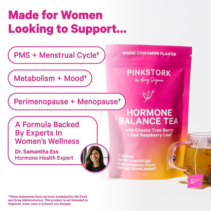 Pink Stork Organic Hormone Balance Tea for Women, Cinnamon, 30 Servings | Red Raspberry Leaf & Chasteberry (Vitex), Organic Herbal Tea, PMS, Menstrual Cycle + Perimenopause Support