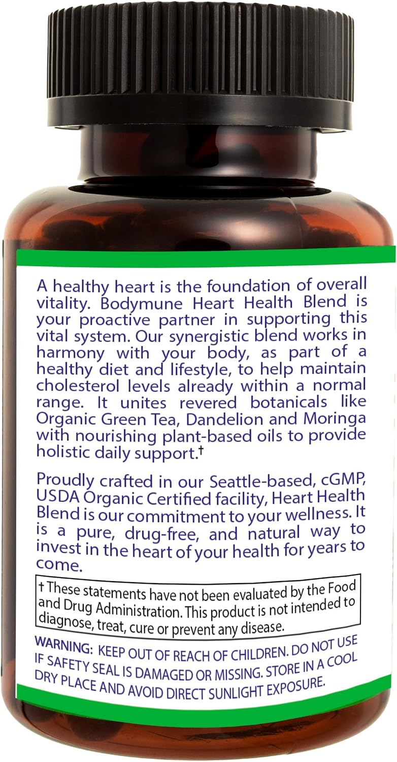 Bodymune Heart Health Blend Cholesterol Support – Organic Cardiovascular & Circulation Supplement – with Green Tea, Pomegranate & Black Seed Oil – 30Capsules – USDA Organic, Vegan
