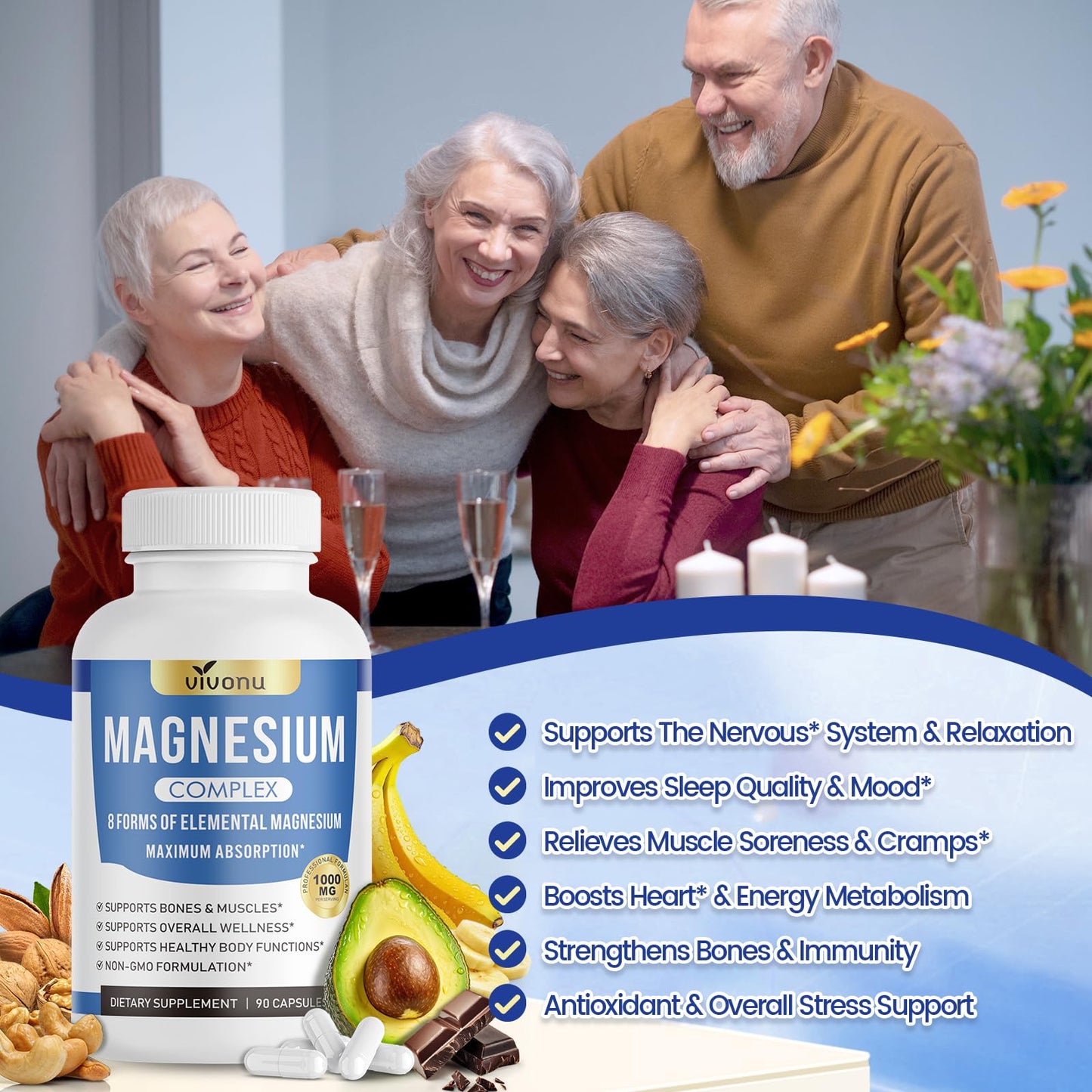 1000mg Magnesium Complex for Women & Men*, 8 Elemental with Magnesium Glycinate, Citrate, Malate, Taurate, Oxide, Carbonate, Aspartate, Orotate for Bones, Muscle, Recovery, Energy, Vegan, 90 Capsules VivoNu buy supplements Au