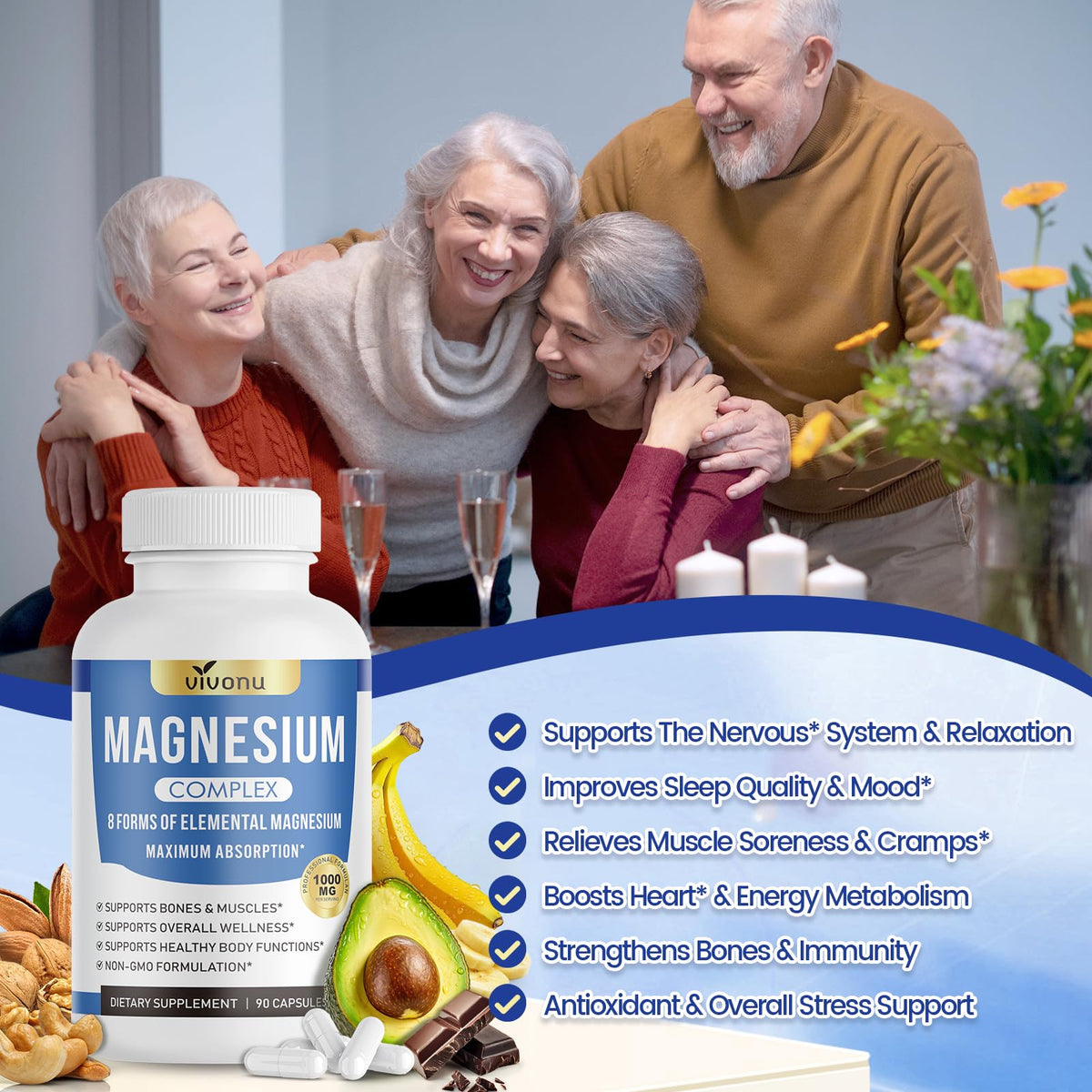 8 Magnesium Complex for Women, Maximum Absorption* 1000mg Formula – Supports Healthy Muscles, Bones, Nerves & Overall Body Functions, Premium Non-GMO Supplement, 90 Capsules