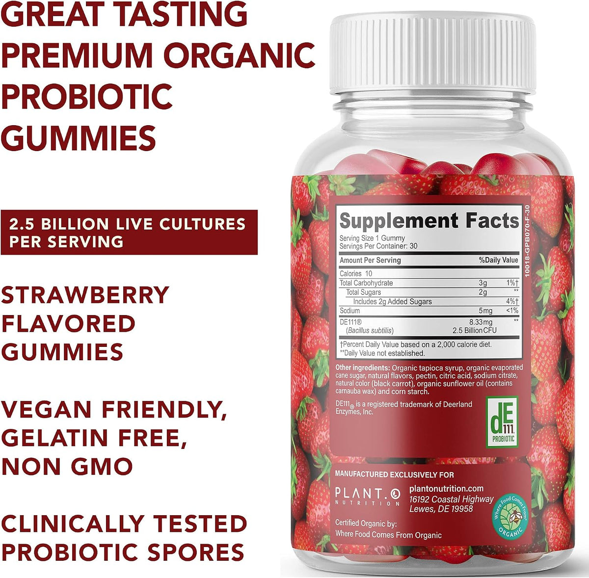 Plant.O Organic Probiotic Gummies for Women, Men & Kids [5 Billion CFUs USDA Certified] Help Support Digestion, Bloating, Constipation & Immune System, Strawberry Flavor, 30 Chewable Probiotics