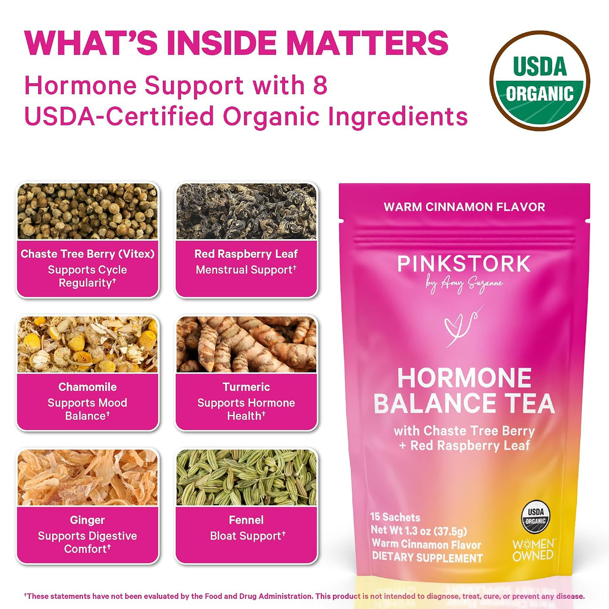 Pink Stork Organic Hormone Balance Tea for Women, Cinnamon, 30 Servings | Red Raspberry Leaf & Chasteberry (Vitex), Organic Herbal Tea, PMS, Menstrual Cycle + Perimenopause Support
