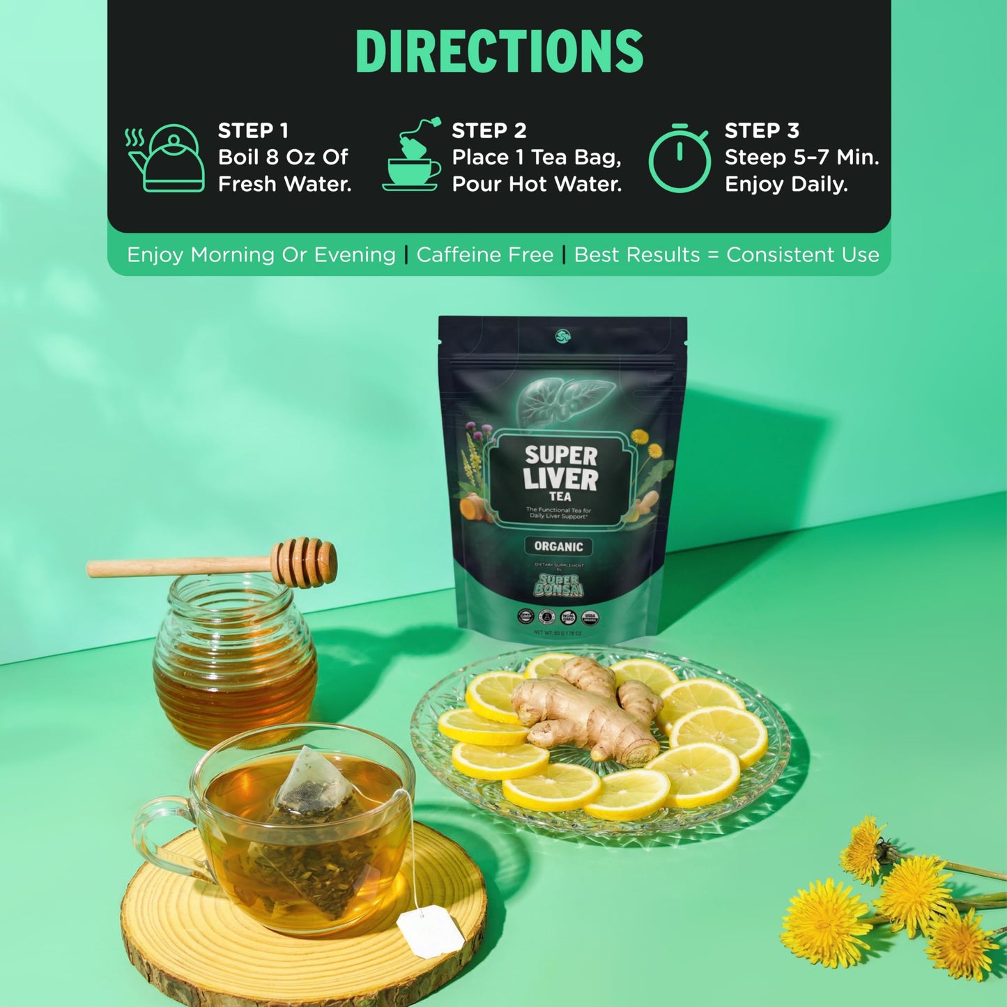 SuperBonsai Organic Liver Detox Tea – Dandelion Root & Milk Thistle Herbal Tea for Liver Support, Digestive Detox & Cleanse – Turmeric, Ginger & Nettle Botanical Blend