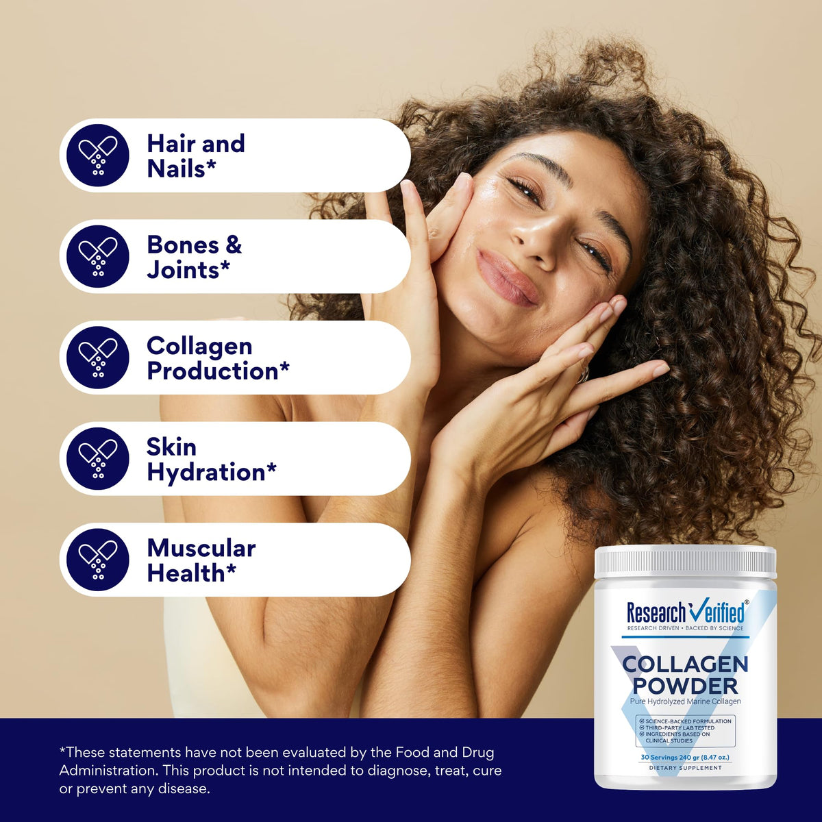 Research Verified® Collagen Powder - Hydrolyzed Marine Collagen Peptides - Unflavored - Skin Hydration and Elasticity, Muscle Recovery, Non GMO - 30 Scoops Per Container - 1 Month Supply
