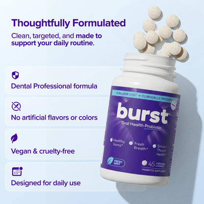 Burst Dental Probiotics (45 Count) | Oral Probiotics for Teeth and Gums | Immune System & Sinus Support | Promotes Upper Respiratory & Oral Health | Bad Breath