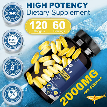 DRFOSTER Triple Omega 3-6-9 Fish Oil 2000mg with Vitamin E, 120 Softgels | EPA and DHA Fatty Acids with Flaxseed and Borage, Supports Heart, Brain, Eye, Joint, Skin, and Immune Health, Non-GMO