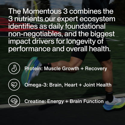 Momentous Three - Creatine Monohydrate Powder (90 Servings), Grass-Fed Whey Protein Powder (Chocolate) & Omega-3 Fish Oil 1600mg - Daily Essentials for Strength, Performance & Lean Muscle Recovery