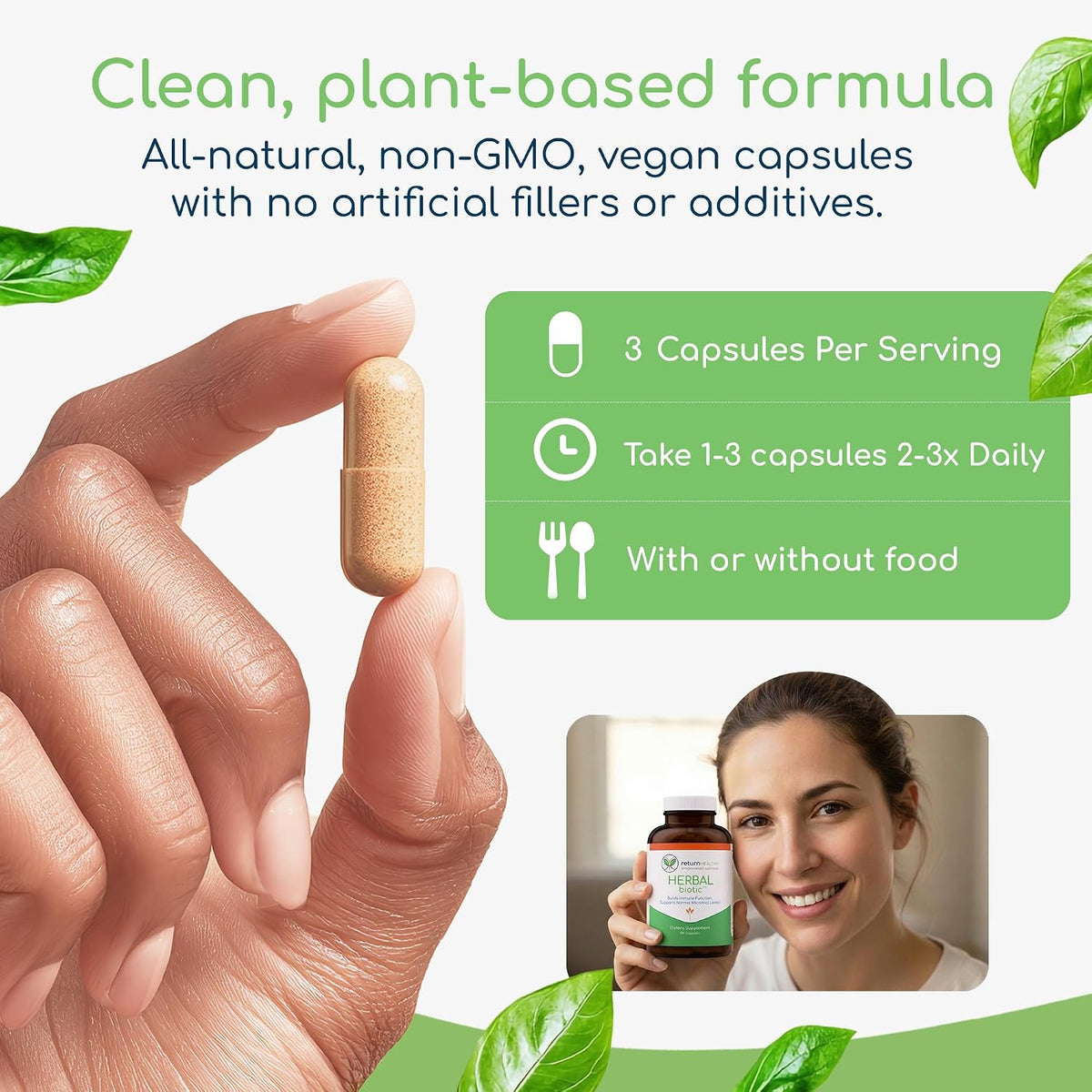 Herbal Biotic, Immune Support Vitamins, Natural Immune System Booster for Adults, Immune Support Supplement Enriched with Cat’s Claw for Probiotic Balance, Digestive Health, 120 Vegan Capsules
