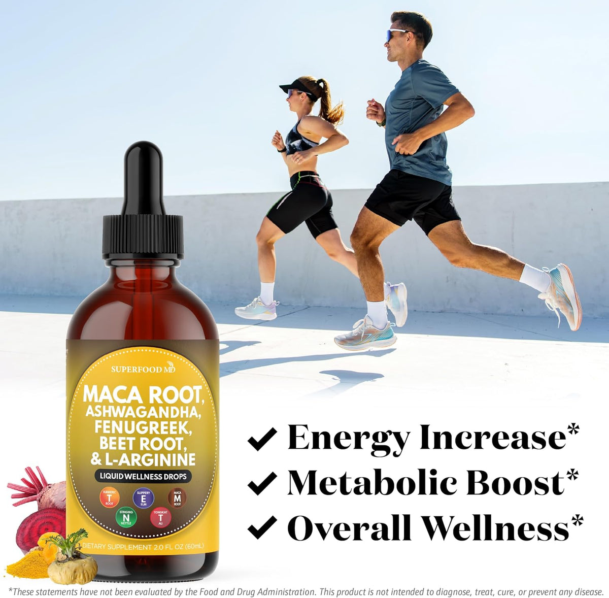 Superfood MD Maca Root Liquid Drops with Ashwagandha, Nettle, Fenugreek, Beet Root and L-Arginine Liquid Multivitamin for Women and Men - 8 Oz