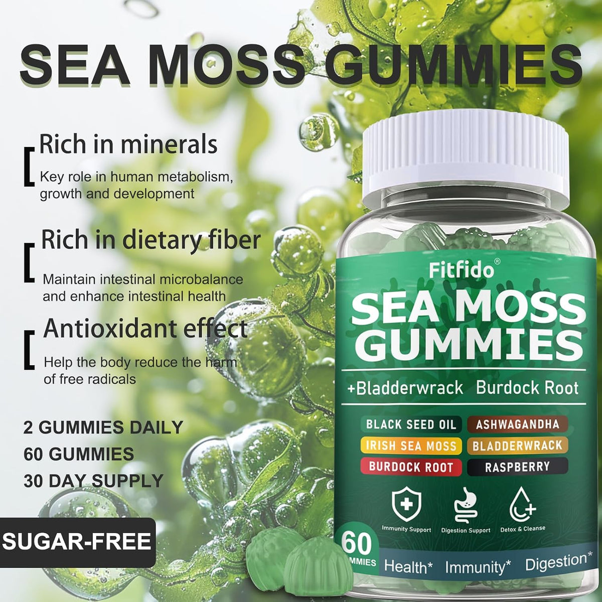 Irish Sea Moss Gummies 3000mg with Bladderwrack, 60 Count