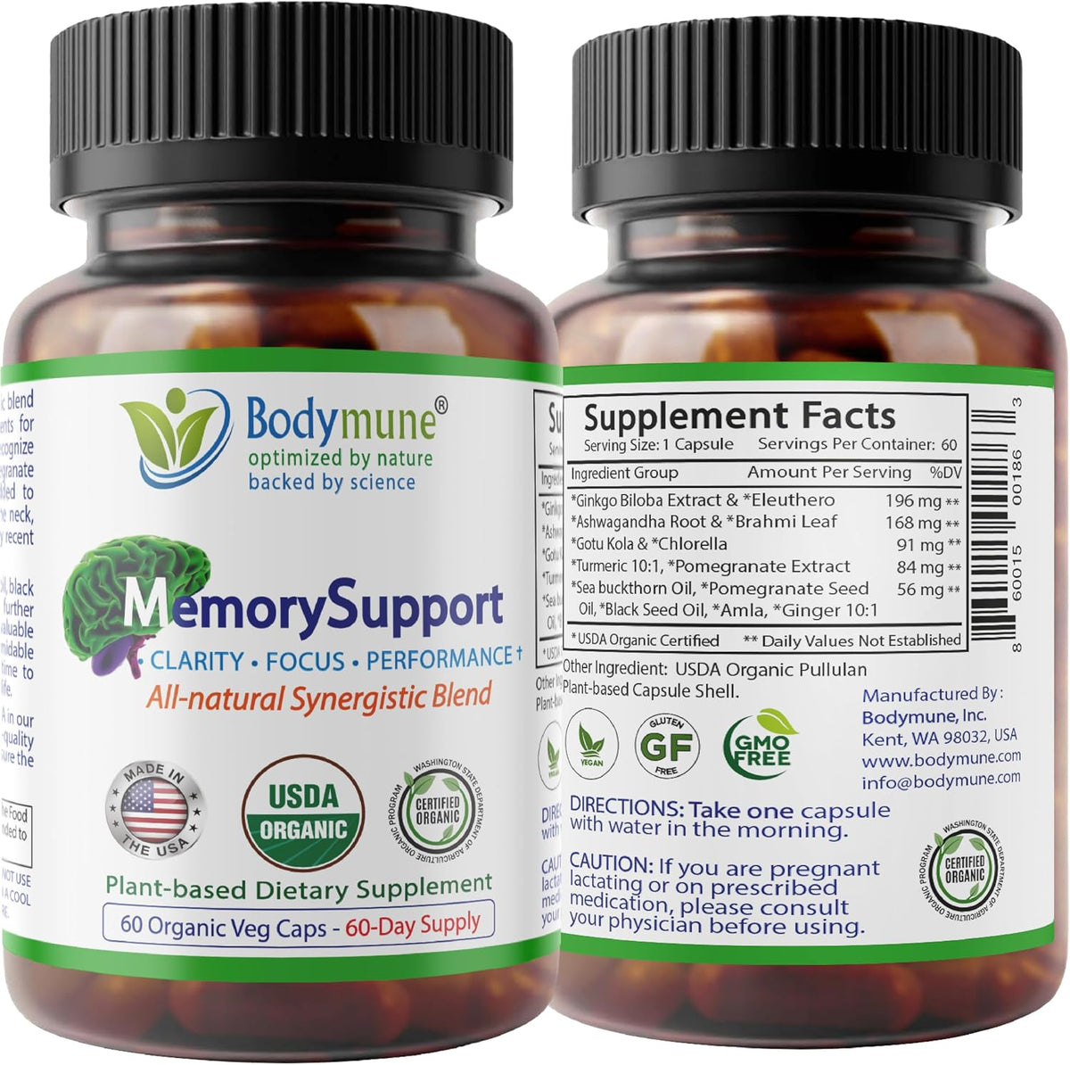 Bodymune MemorySupport Brain Health Formula | Supports Mental Clarity, Recall & Concentration* | USDA Organic Nootropic Blend with Ginkgo Biloba & Ashwagandha | 60 Vegan Caps | Made in USA
